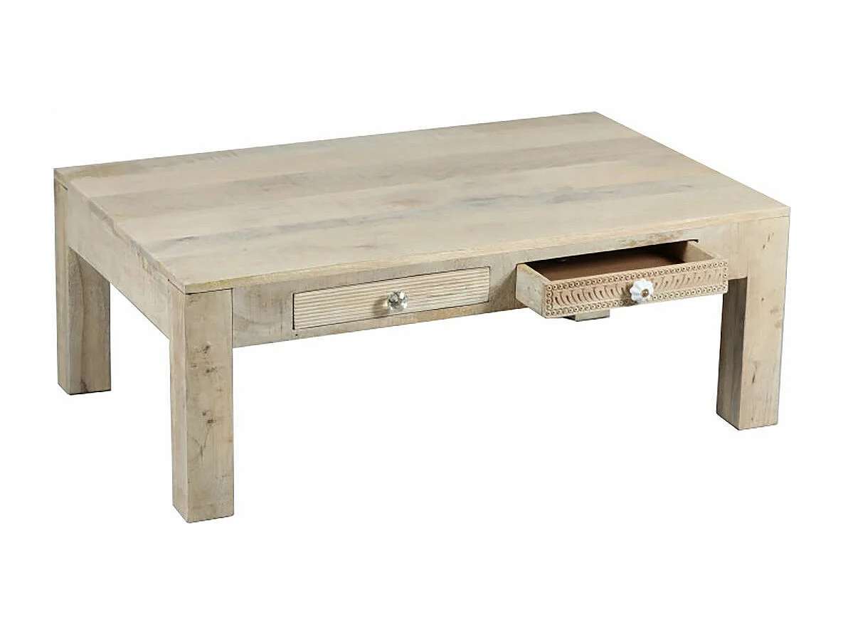 TROMSO - Table Basse 2 Tiroirs en Manguier Massif Clair