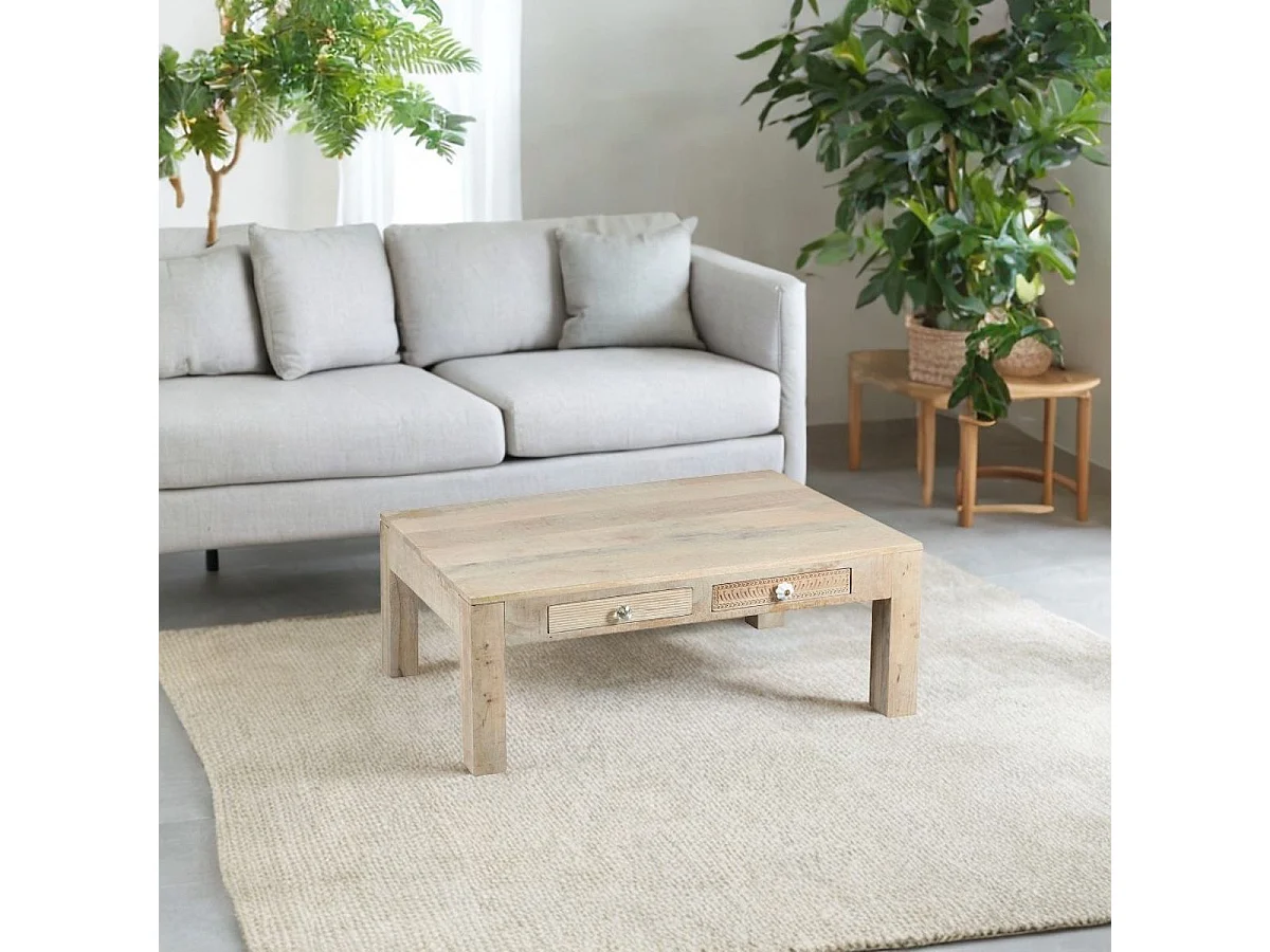 TROMSO - Table Basse 2 Tiroirs en Manguier Massif Clair