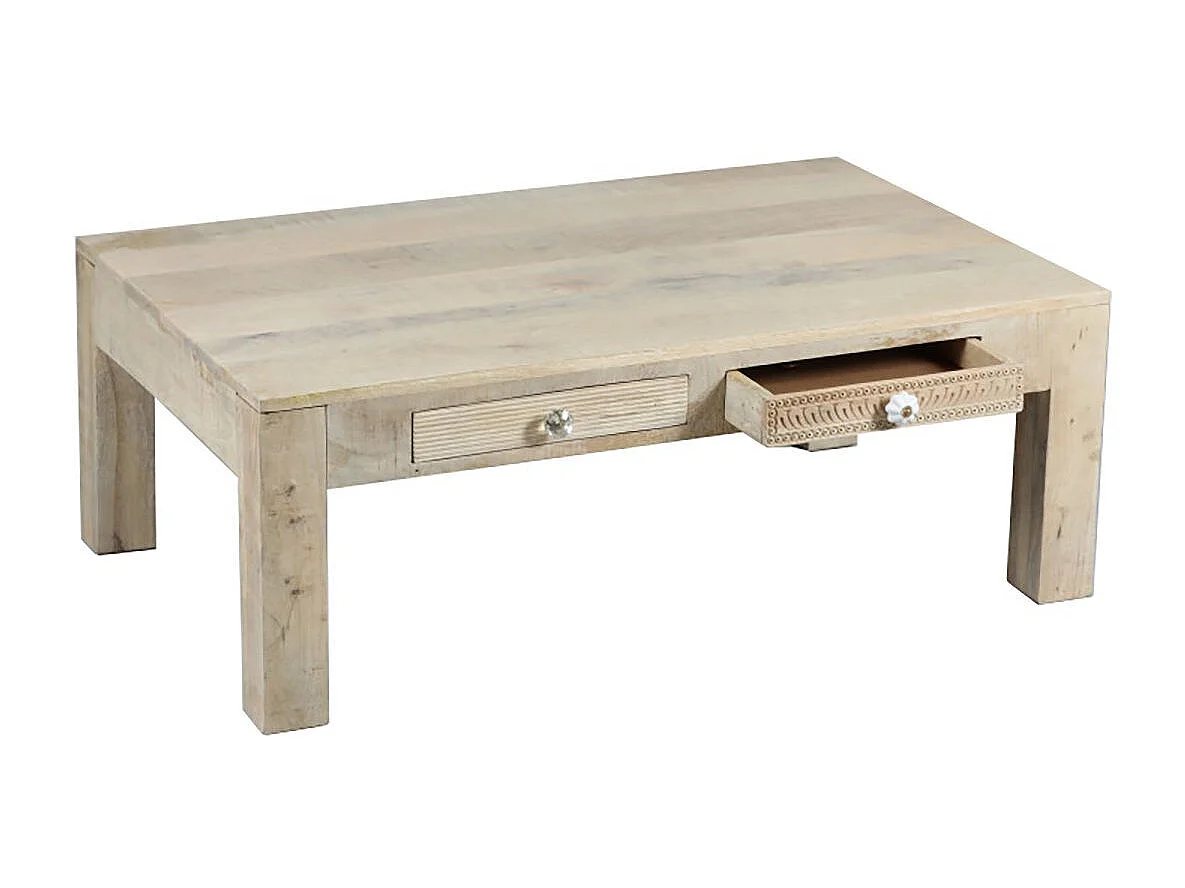 TROMSO - Table Basse 2 Tiroirs en Manguier Massif Clair