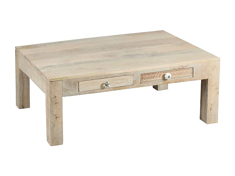TROMSO - Table Basse 2 Tiroirs en Manguier Massif Clair