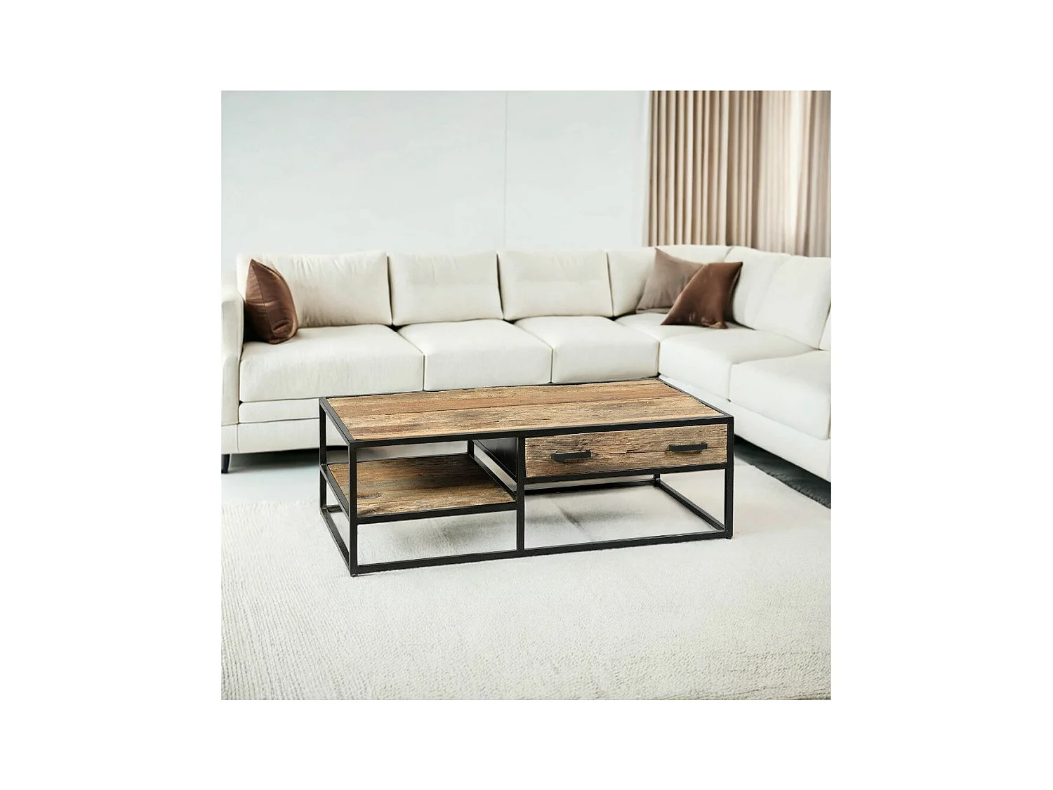 TANETOA - Table Basse 1 Tiroir en Teck Recyclé et Métal