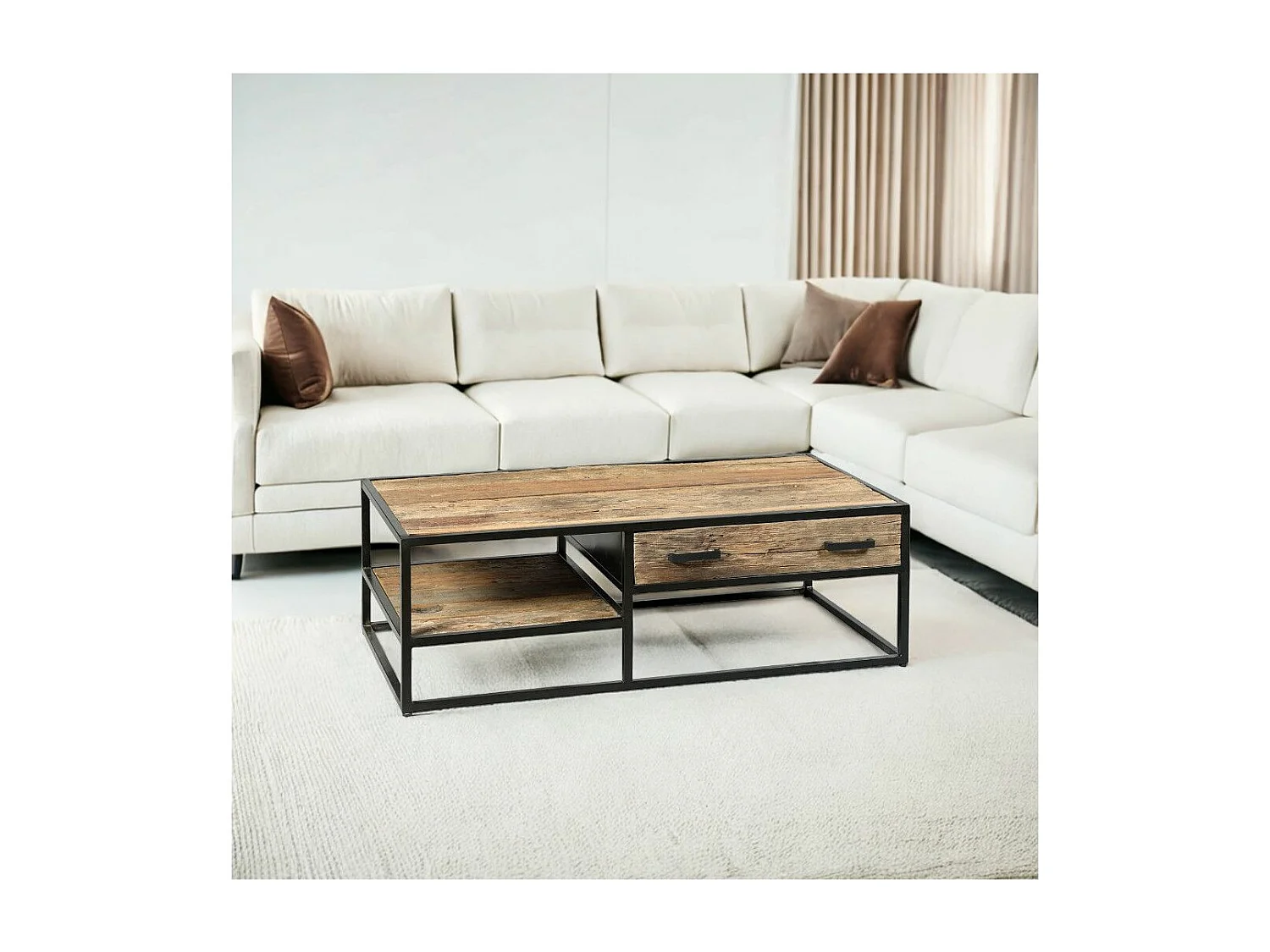 TANETOA - Table Basse 1 Tiroir en Teck Recyclé et Métal