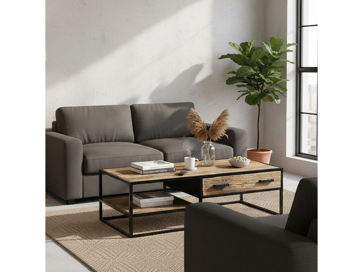 TANETOA - Table Basse 1 Tiroir en Teck Recyclé et Métal