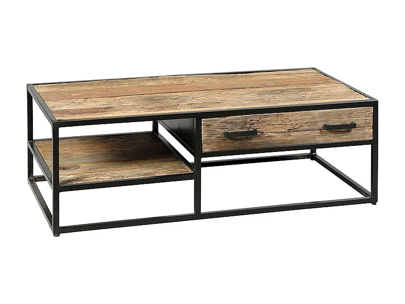 TANETOA - Table Basse 1 Tiroir en Teck Recyclé et Métal