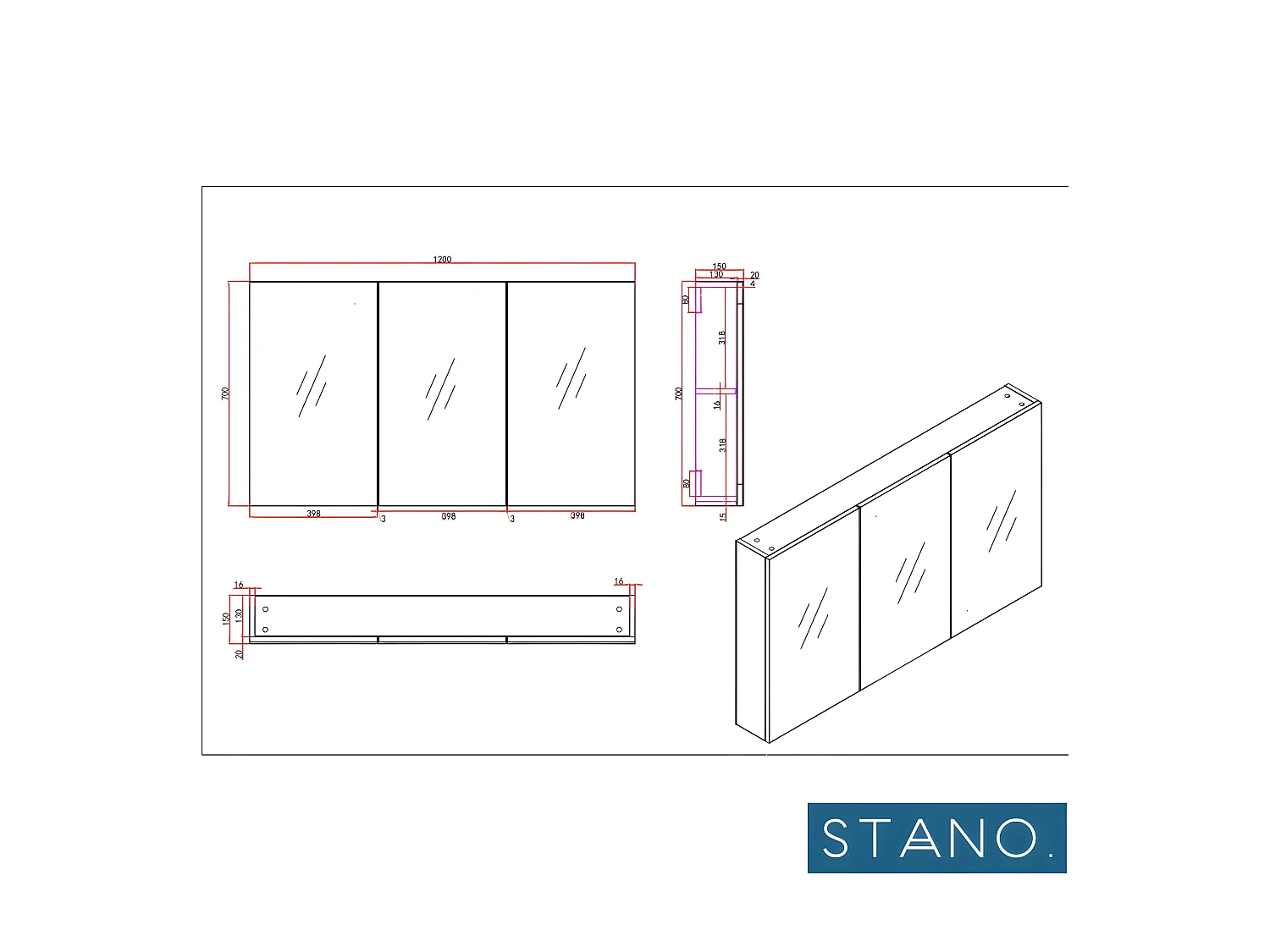 Armario espejo FORTINA ancho 120 cm blanco