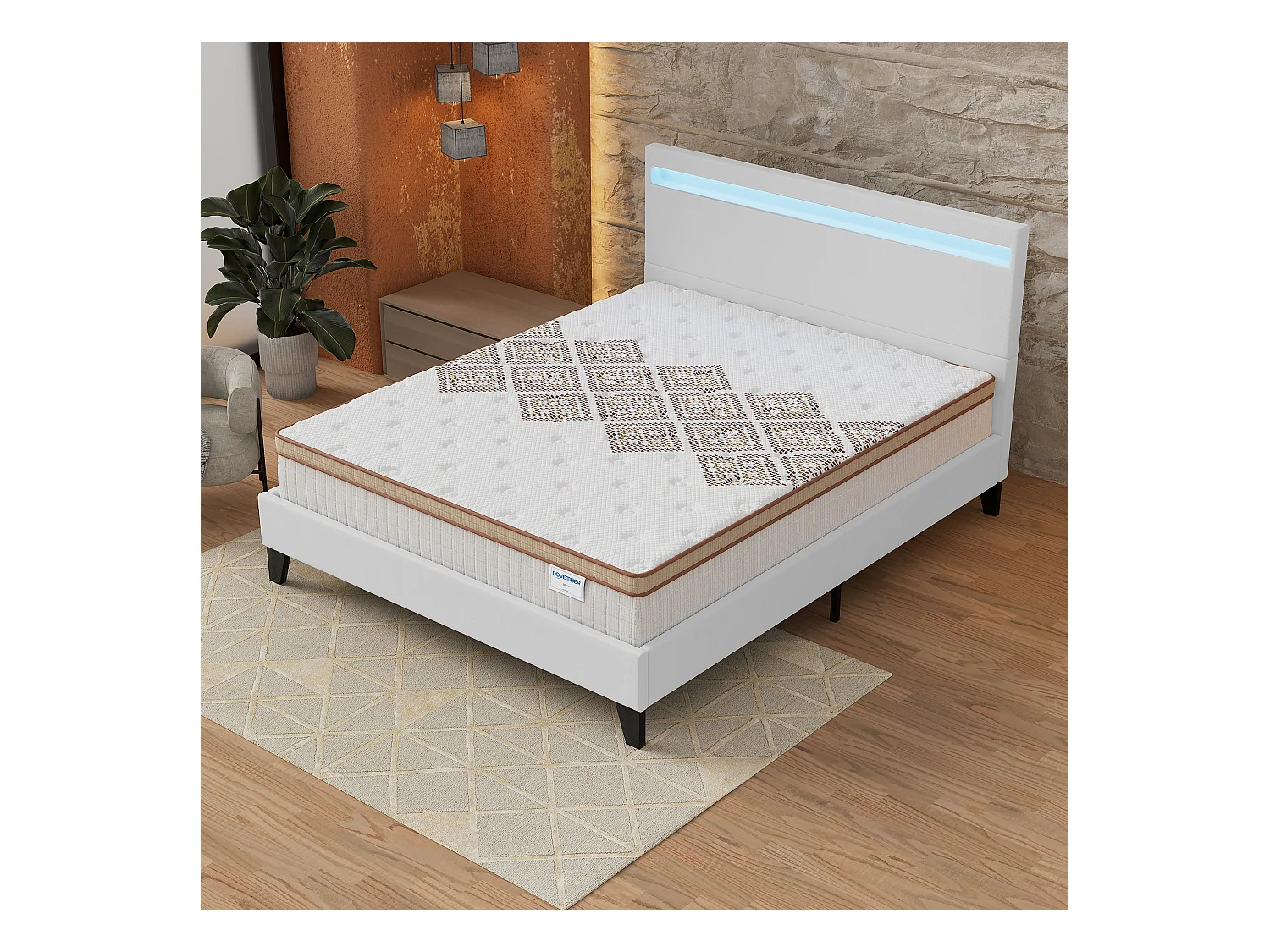 Ensemble Matelas + lit 160x200 cm, Matelas 28cm ressorts ensachés, accueil mousse, lit à tête de lit LED similicuir blanc