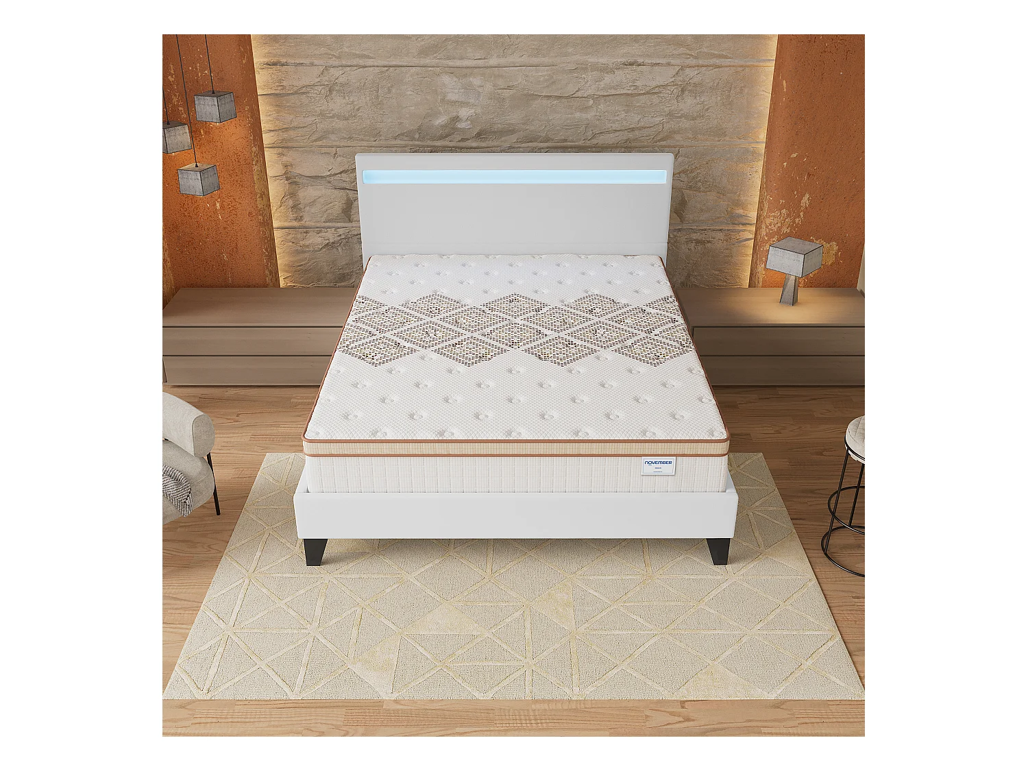 Ensemble Matelas + lit 160x200 cm, Matelas 28cm ressorts ensachés, accueil mousse, lit à tête de lit LED similicuir blanc