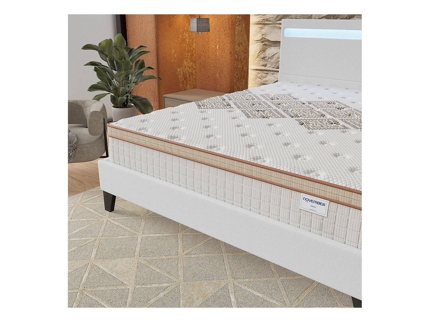 Ensemble Matelas + lit 160x200 cm, Matelas 28cm ressorts ensachés, accueil mousse, lit à tête de lit LED similicuir blanc