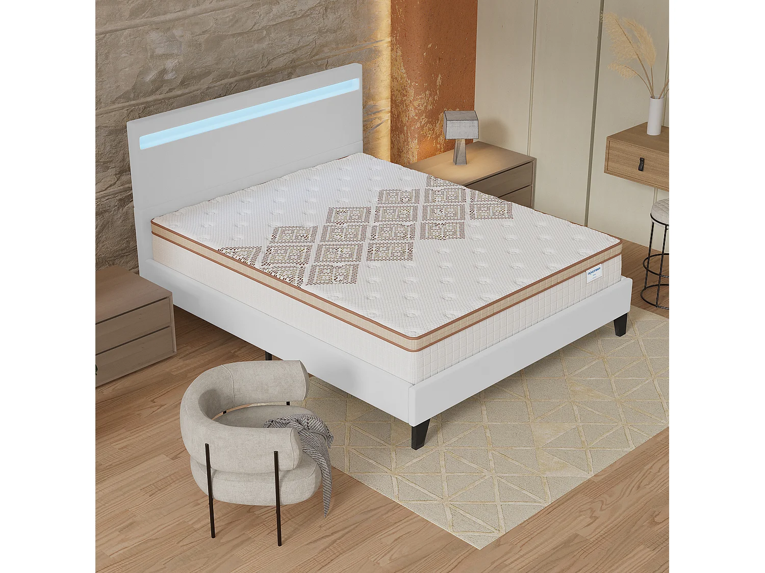 Ensemble Matelas + lit 160x200 cm, Matelas 28cm ressorts ensachés, accueil mousse, lit à tête de lit LED similicuir blanc