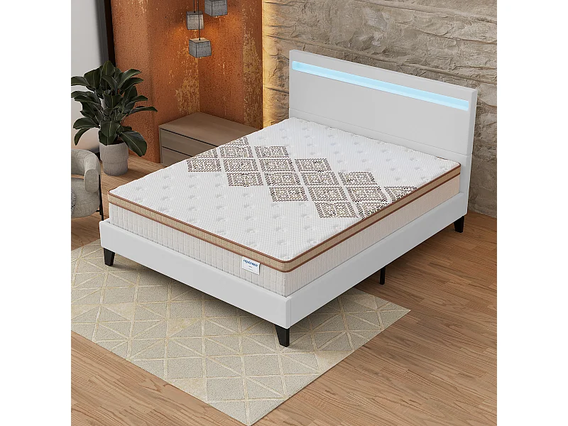 Ensemble Matelas + lit 160x200 cm, Matelas 28cm ressorts ensachés, accueil mousse, lit à tête de lit LED similicuir blanc