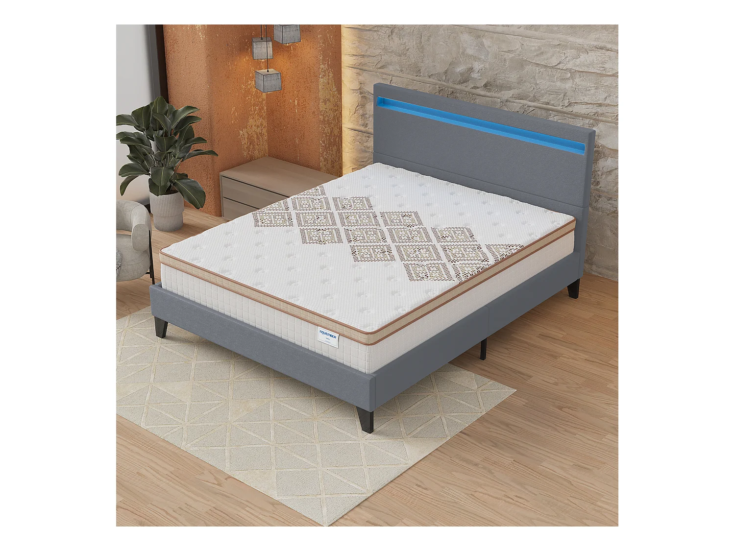 Ensemble Matelas + lit 120x190 cm, Matelas 28cm ressorts ensachés, accueil mousse, lit à tête de lit LED similicuir gris