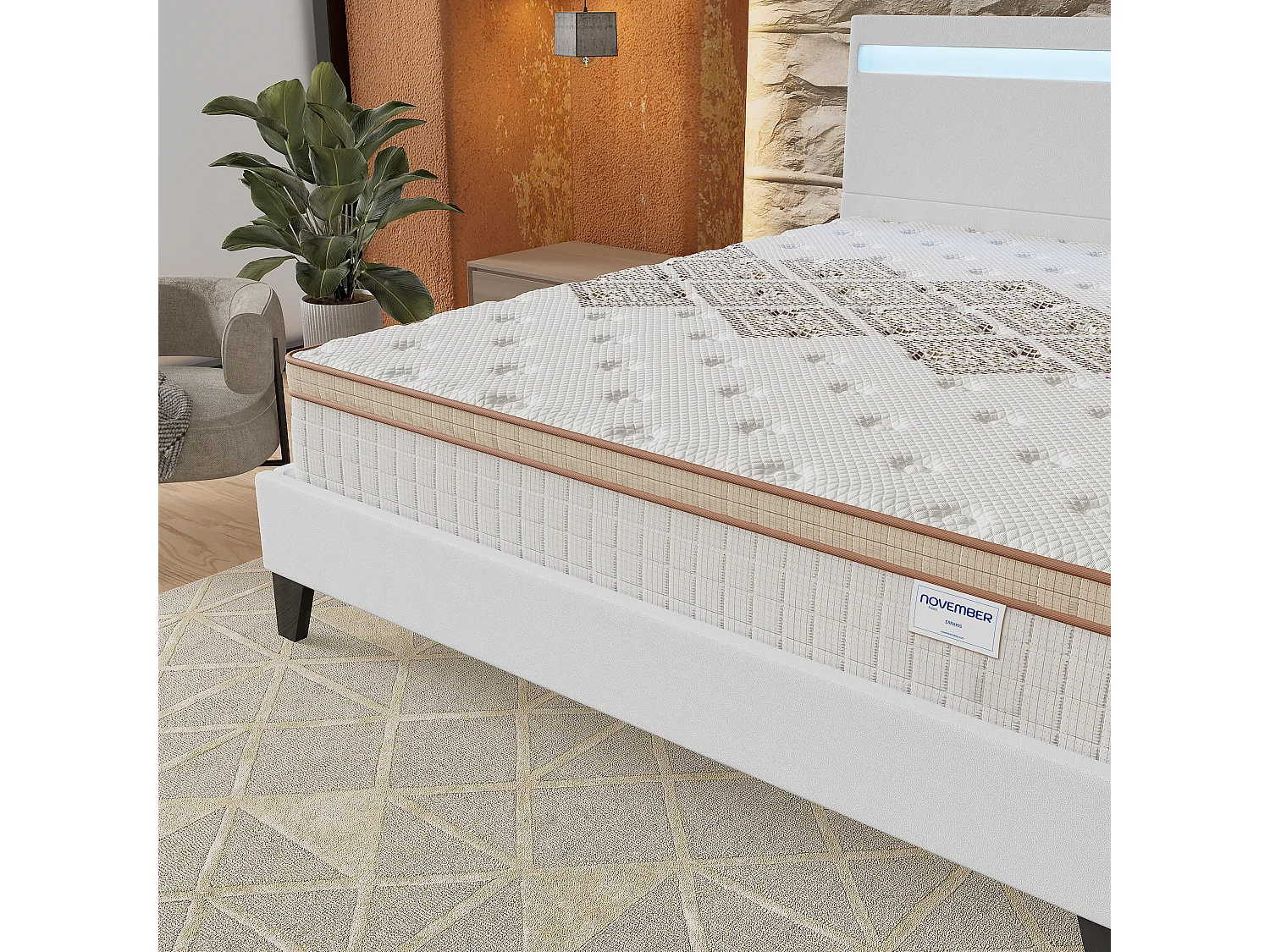 Ensemble Matelas + lit 140x200 cm, Matelas 28cm ressorts ensachés, accueil mousse, lit à tête de lit LED similicuir blanc