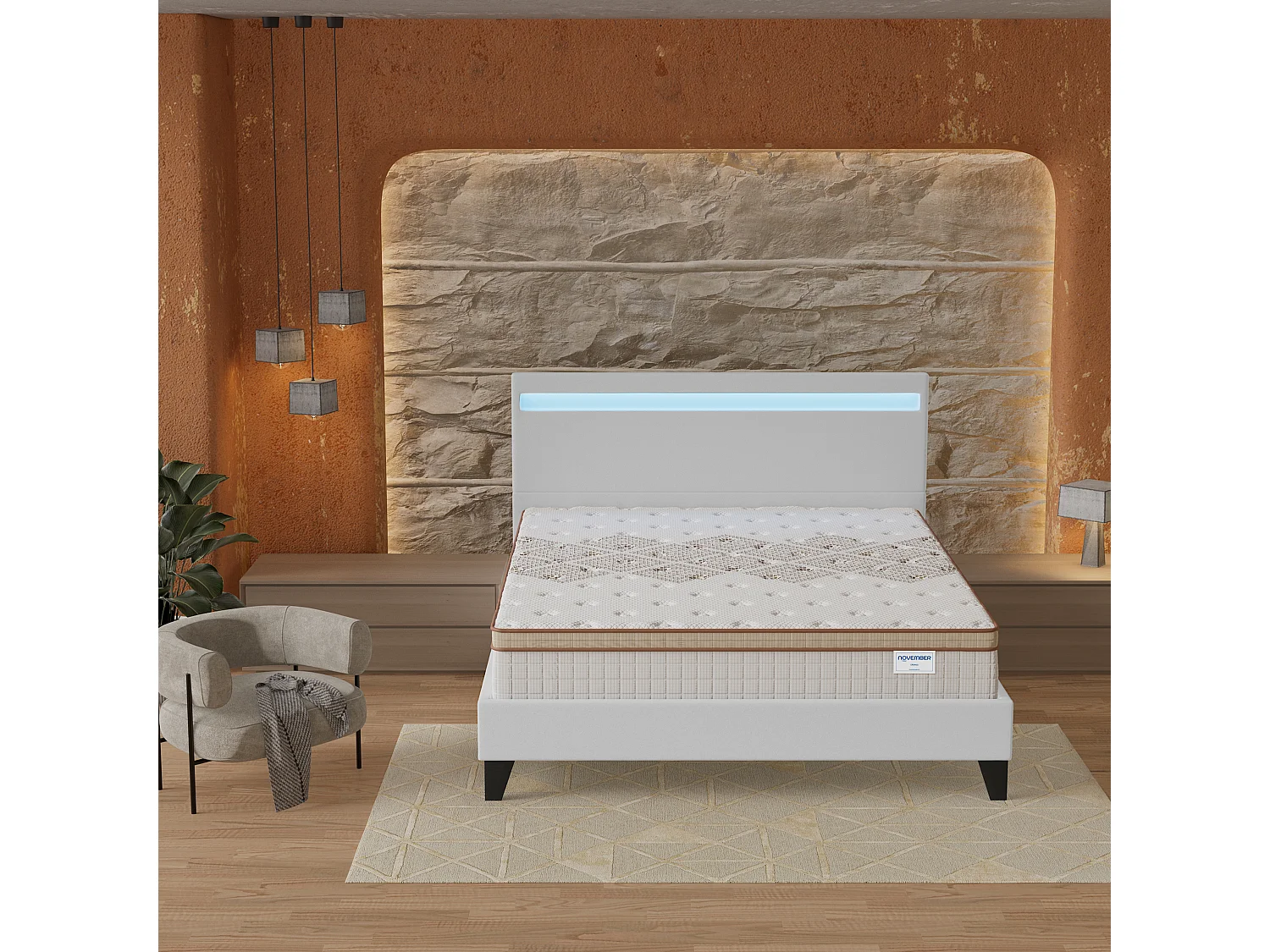 Ensemble Matelas + lit 140x200 cm, Matelas 28cm ressorts ensachés, accueil mousse, lit à tête de lit LED similicuir blanc