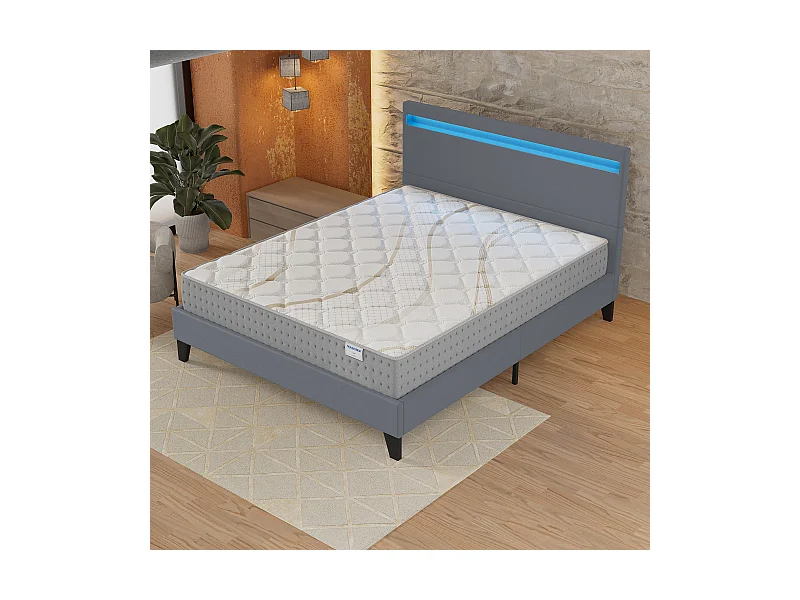 Ensemble Matelas + lit 140x190 cm, Matelas 25cm ressorts ensachés, accueil mousse, lit à tête de lit LED similicuir gris