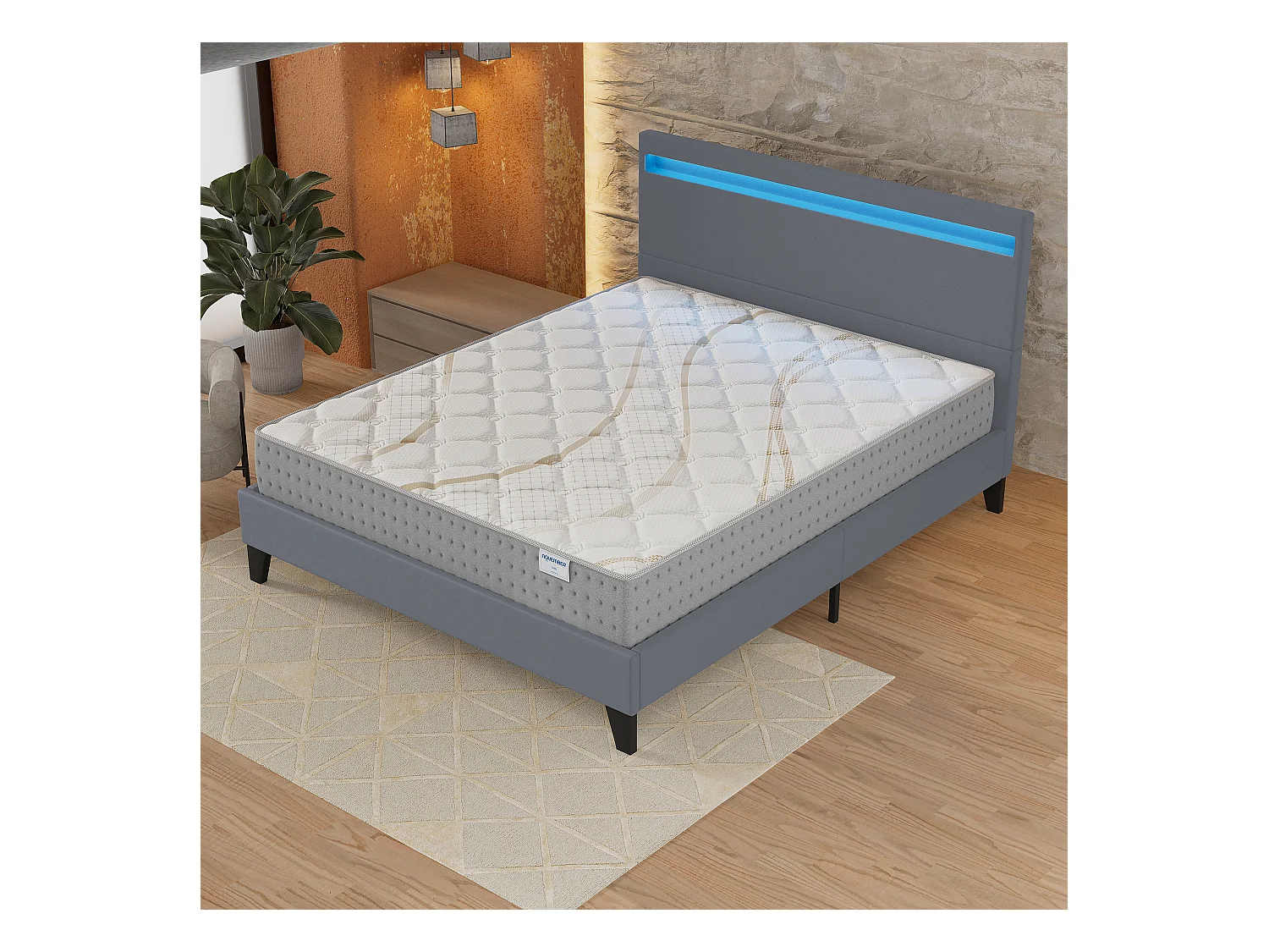 Ensemble Matelas + lit 140x190 cm, Matelas 25cm ressorts ensachés, accueil mousse, lit à tête de lit LED similicuir gris