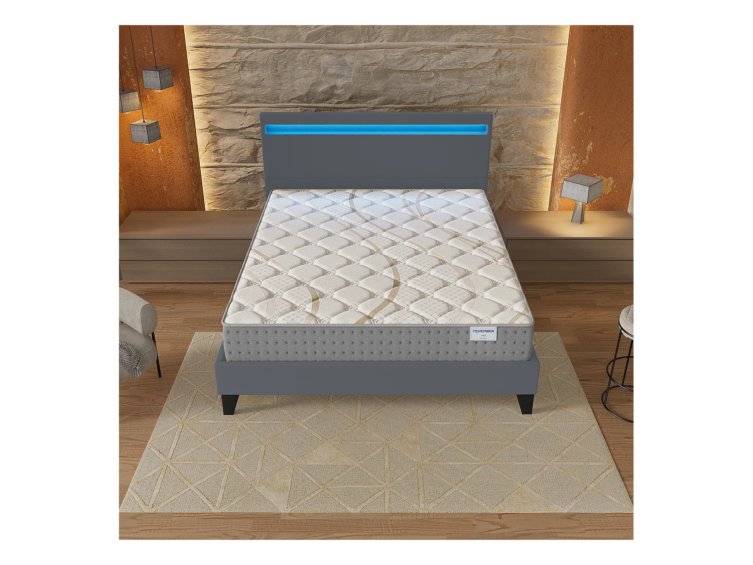 Ensemble Matelas + lit 140x190 cm, Matelas 25cm ressorts ensachés, accueil mousse, lit à tête de lit LED similicuir gris