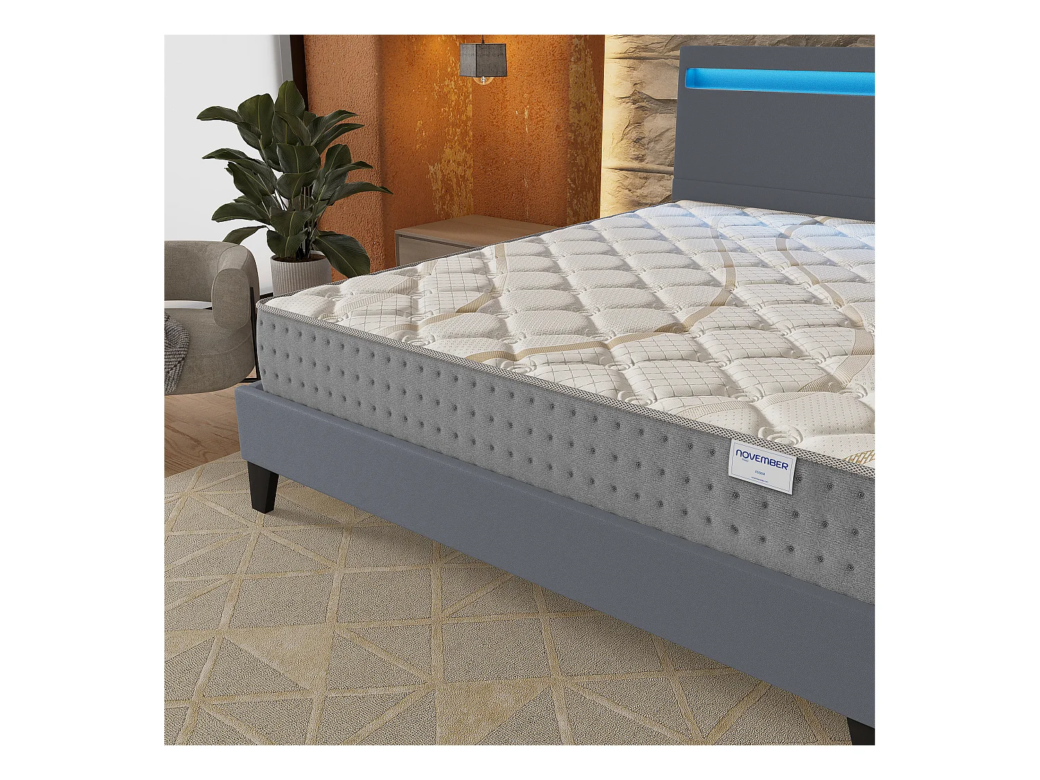 Ensemble Matelas + lit 140x190 cm, Matelas 25cm ressorts ensachés, accueil mousse, lit à tête de lit LED similicuir gris