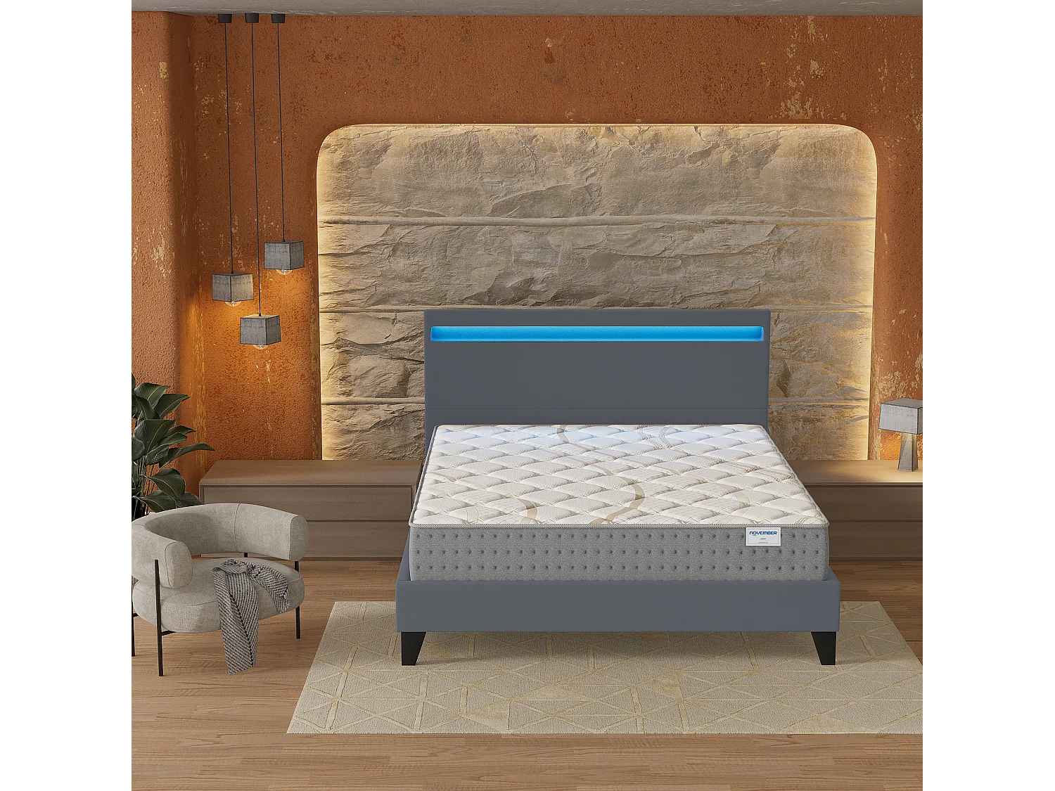 Ensemble Matelas + lit 140x190 cm, Matelas 25cm ressorts ensachés, accueil mousse, lit à tête de lit LED similicuir gris