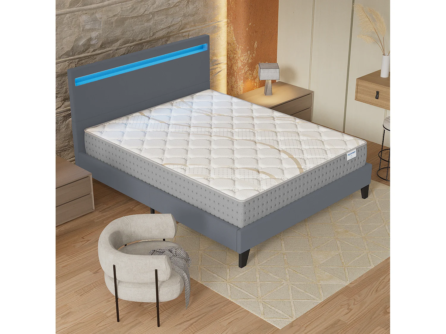 Ensemble Matelas + lit 140x190 cm, Matelas 25cm ressorts ensachés, accueil mousse, lit à tête de lit LED similicuir gris