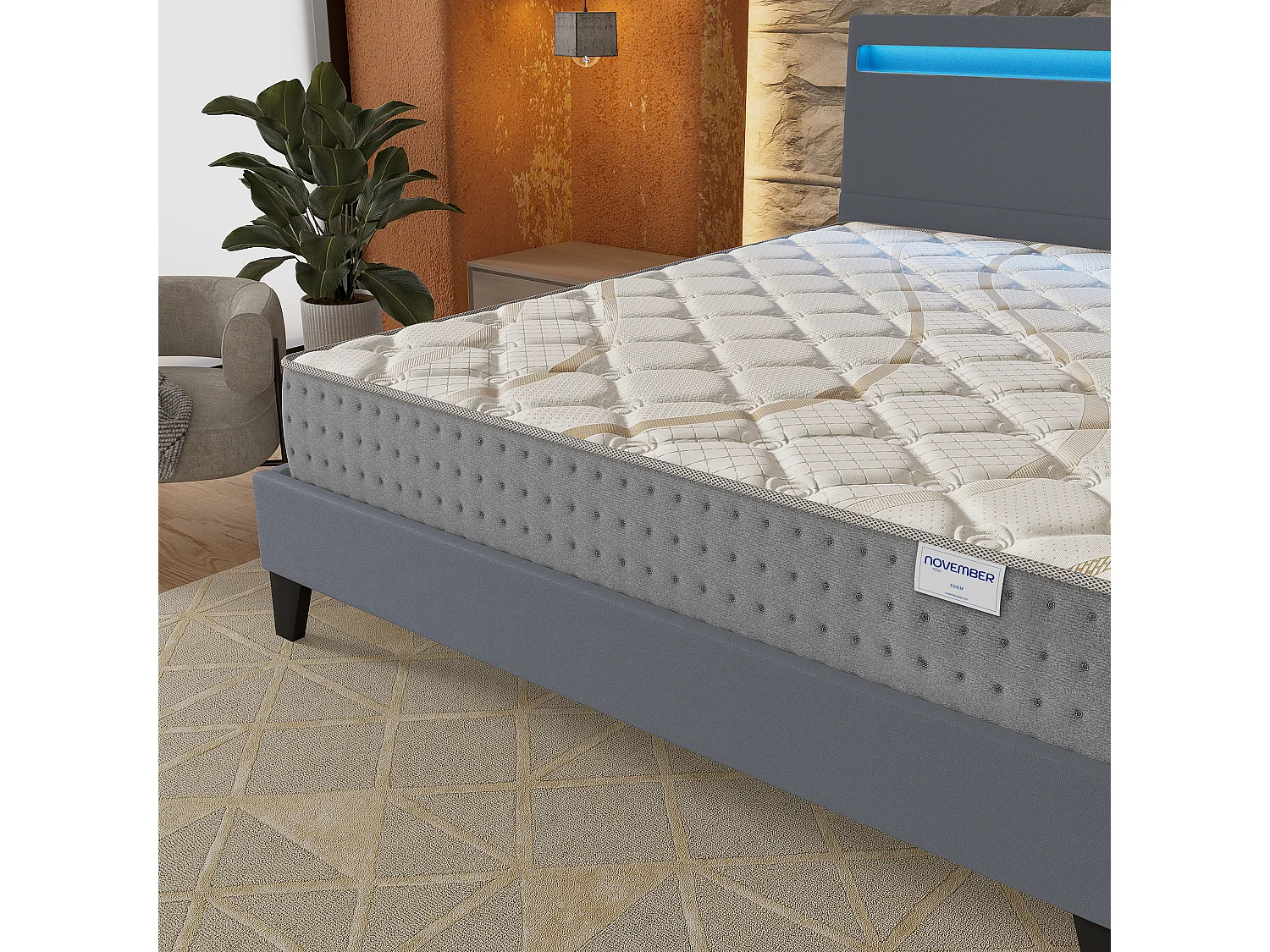 Ensemble Matelas + lit 140x190 cm, Matelas 25cm ressorts ensachés, accueil mousse, lit à tête de lit LED similicuir gris