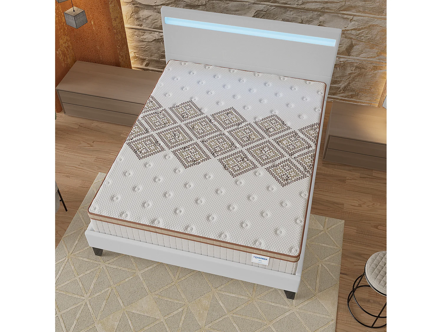 Ensemble Matelas + lit 140x190 cm, Matelas 28cm ressorts ensachés, accueil mousse, lit à tête de lit LED similicuir blanc