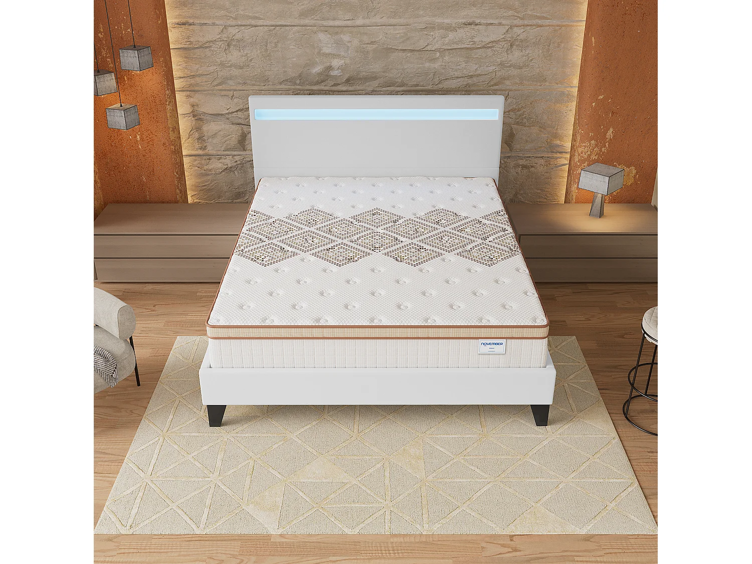 Ensemble Matelas + lit 140x190 cm, Matelas 28cm ressorts ensachés, accueil mousse, lit à tête de lit LED similicuir blanc