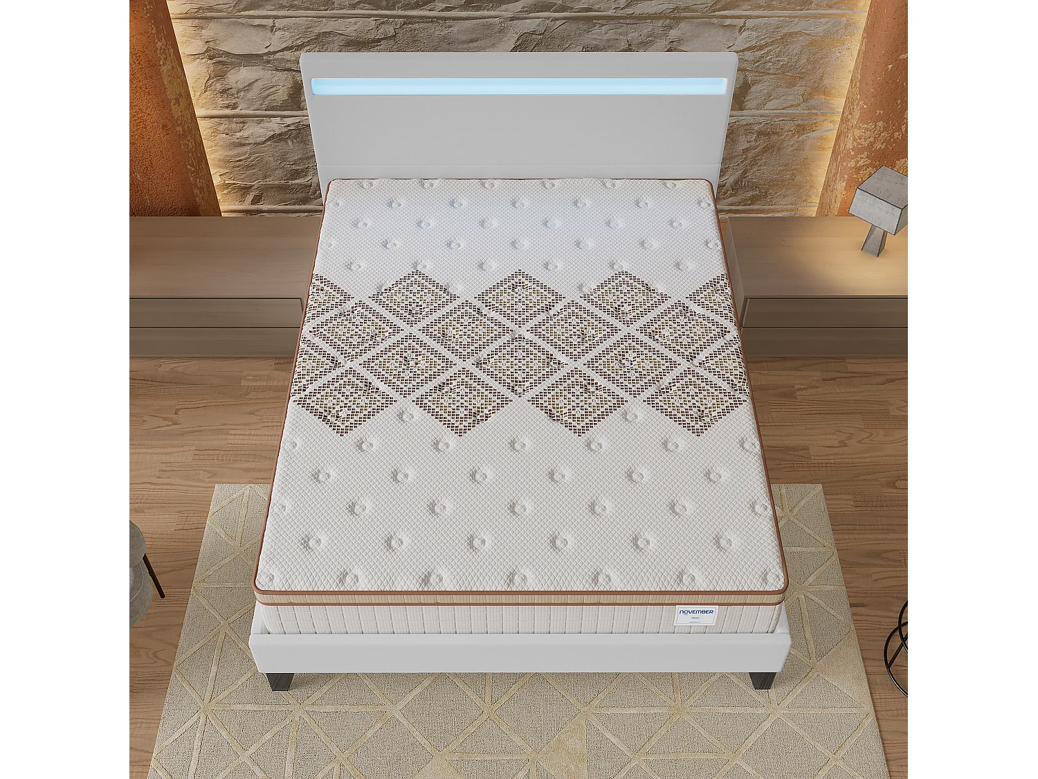 Ensemble Matelas + lit 140x190 cm, Matelas 28cm ressorts ensachés, accueil mousse, lit à tête de lit LED similicuir blanc