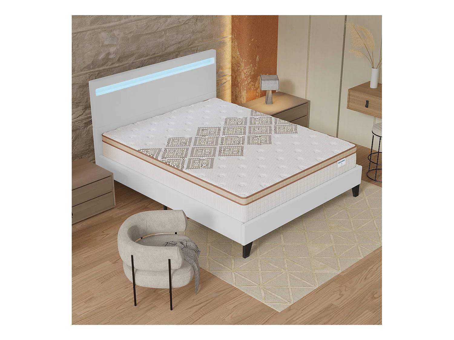 Ensemble Matelas + lit 120x190 cm, Matelas 28cm ressorts ensachés, accueil mousse, lit à tête de lit LED similicuir blanc