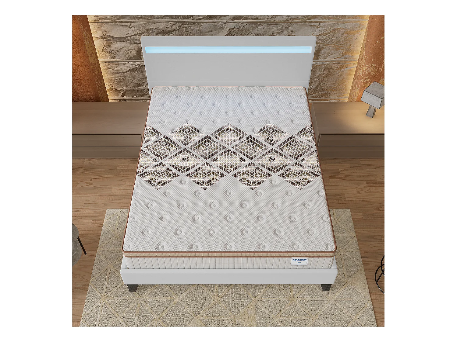 Ensemble Matelas + lit 120x190 cm, Matelas 28cm ressorts ensachés, accueil mousse, lit à tête de lit LED similicuir blanc
