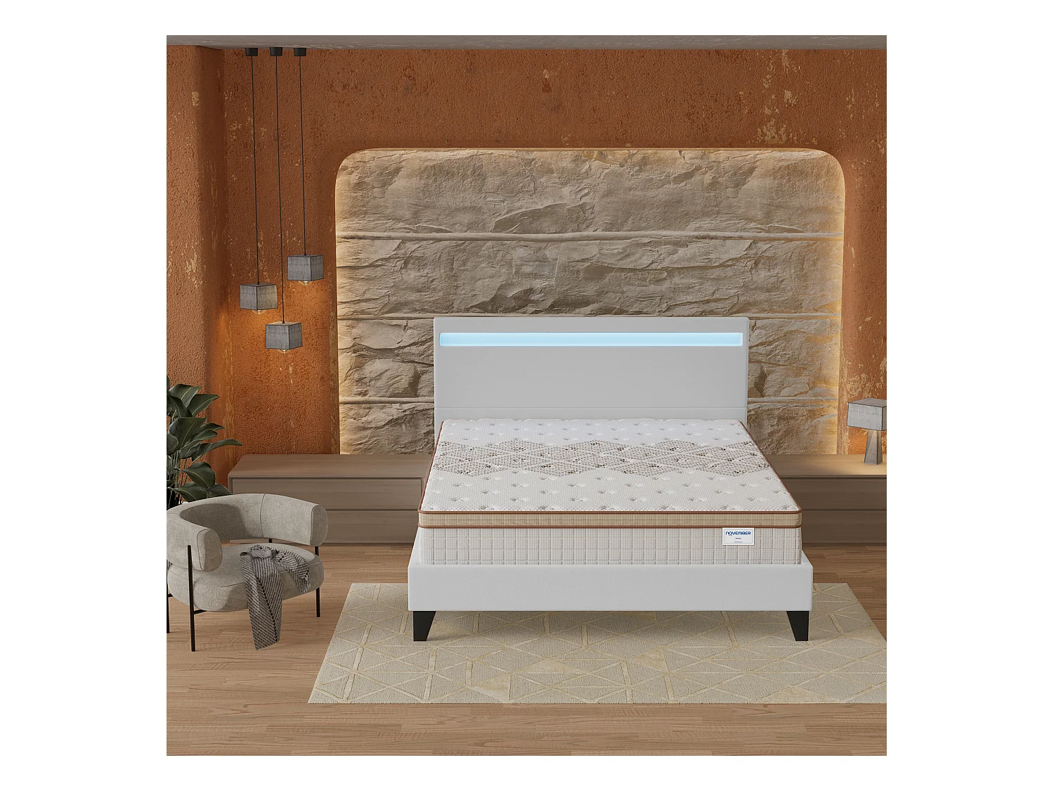 Ensemble Matelas + lit 120x190 cm, Matelas 28cm ressorts ensachés, accueil mousse, lit à tête de lit LED similicuir blanc