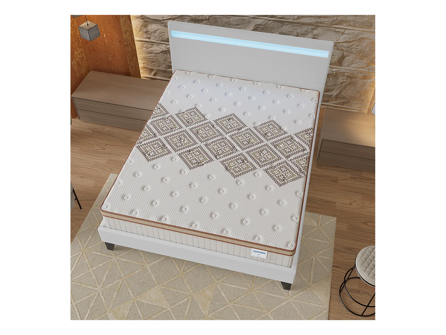 Ensemble Matelas + lit 120x190 cm, Matelas 28cm ressorts ensachés, accueil mousse, lit à tête de lit LED similicuir blanc