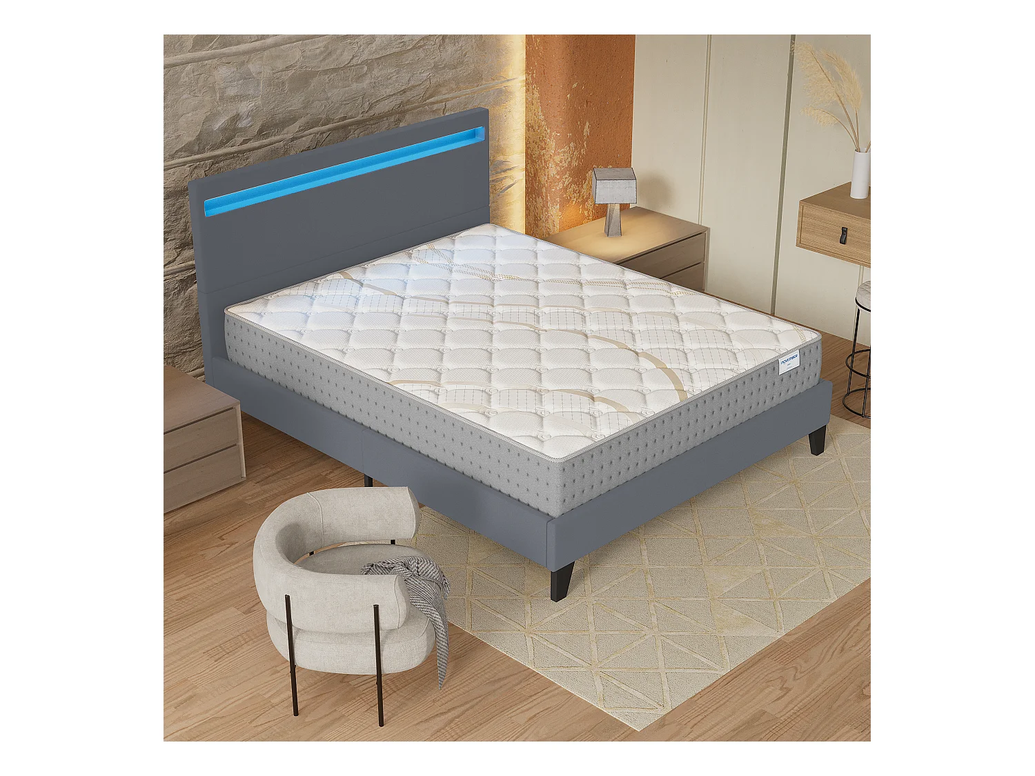 Ensemble Matelas + lit 160x200 cm, Matelas 25cm ressorts ensachés, accueil mousse, lit à tête de lit LED similicuir gris