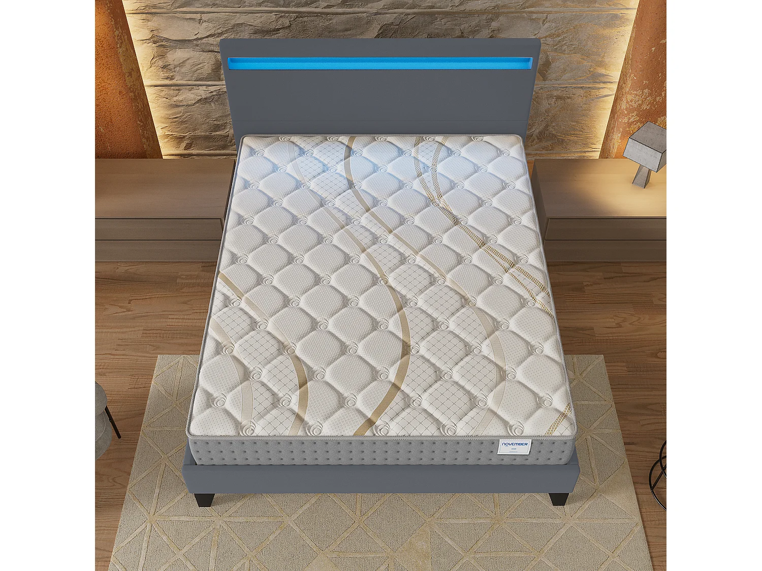 Ensemble Matelas + lit 160x200 cm, Matelas 25cm ressorts ensachés, accueil mousse, lit à tête de lit LED similicuir gris