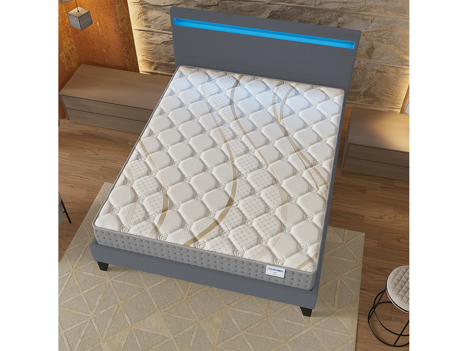 Ensemble Matelas + lit 160x200 cm, Matelas 25cm ressorts ensachés, accueil mousse, lit à tête de lit LED similicuir gris