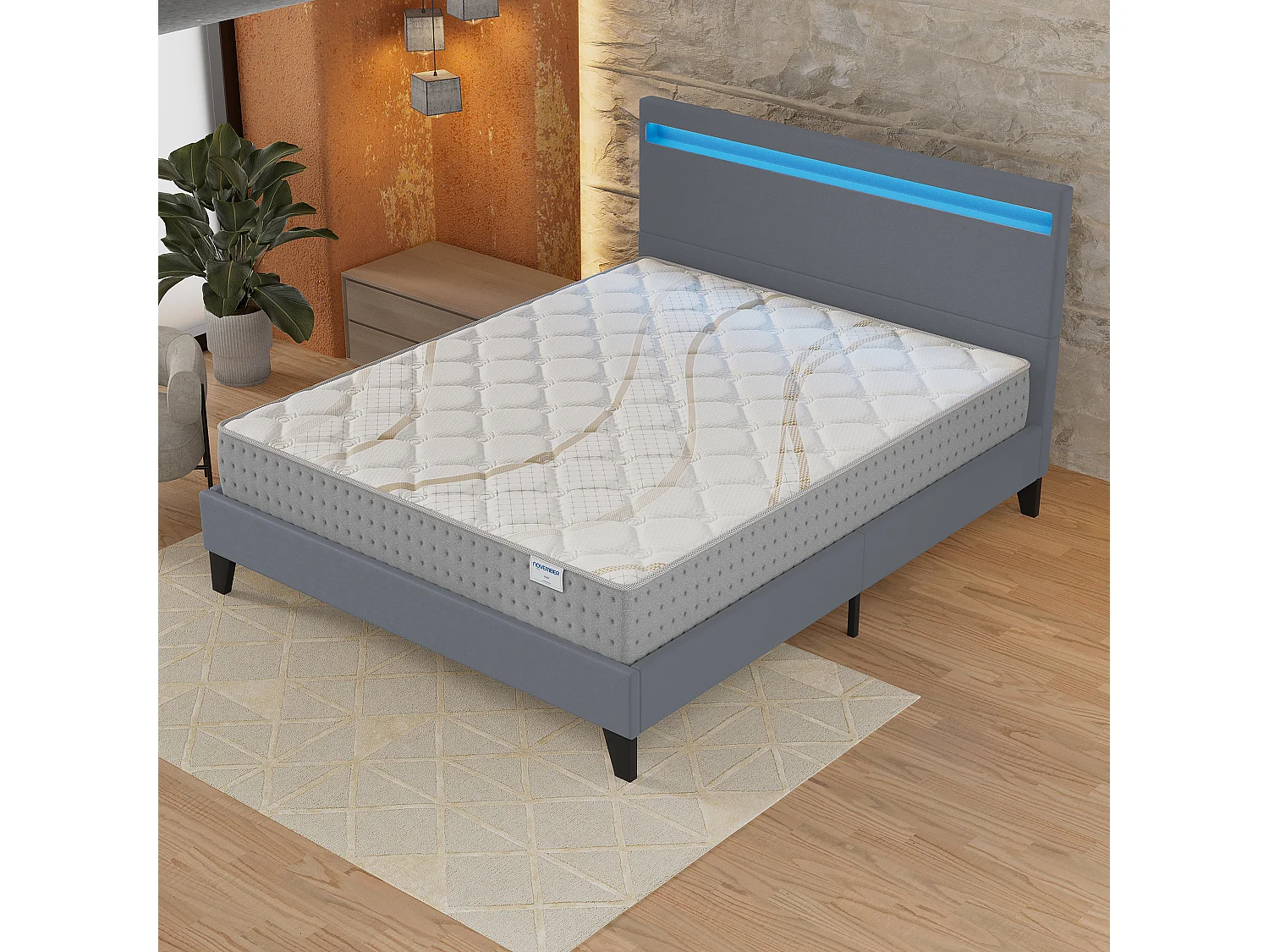 Ensemble Matelas + lit 160x200 cm, Matelas 25cm ressorts ensachés, accueil mousse, lit à tête de lit LED similicuir gris