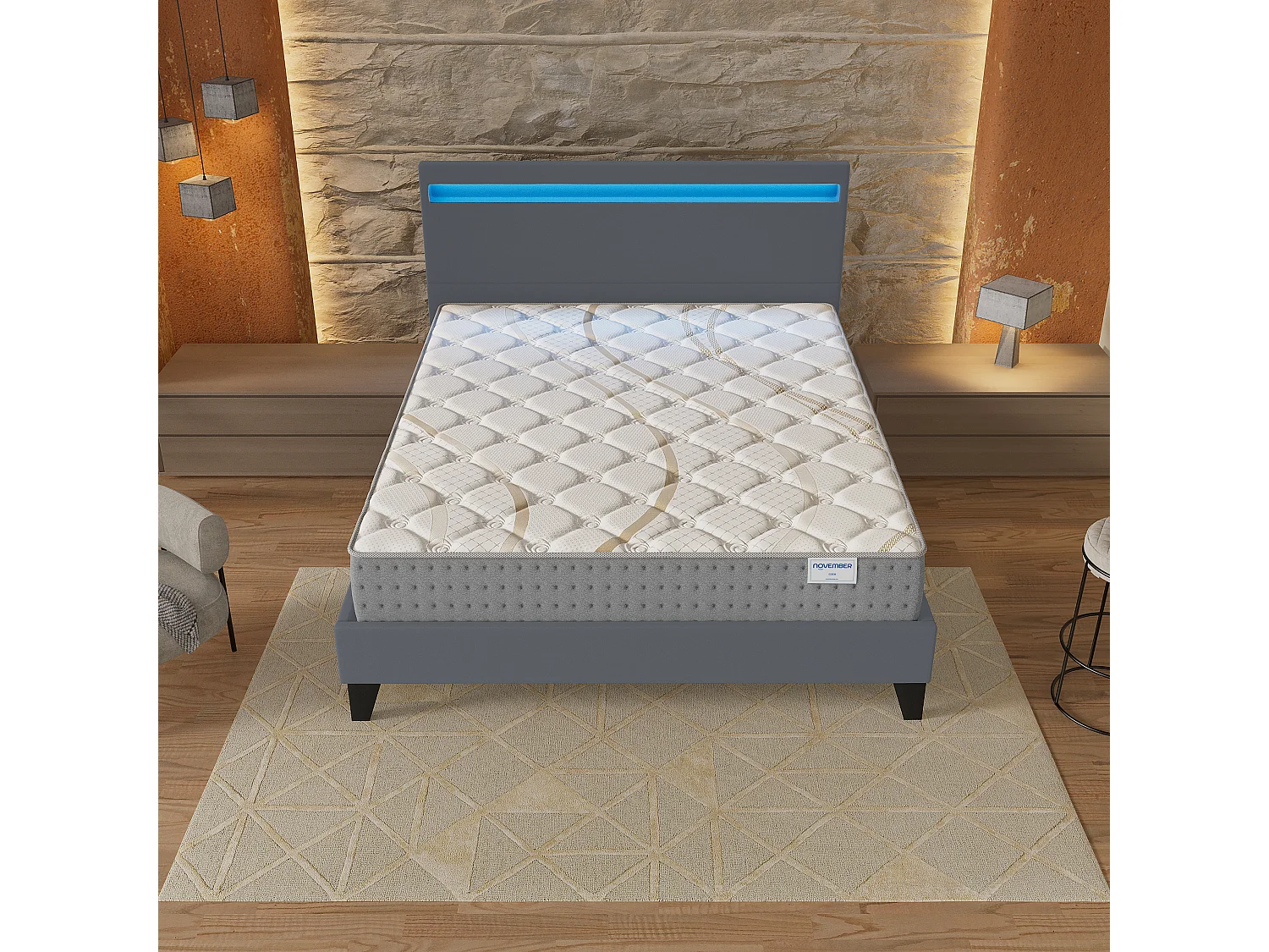 Ensemble Matelas + lit 160x200 cm, Matelas 25cm ressorts ensachés, accueil mousse, lit à tête de lit LED similicuir gris