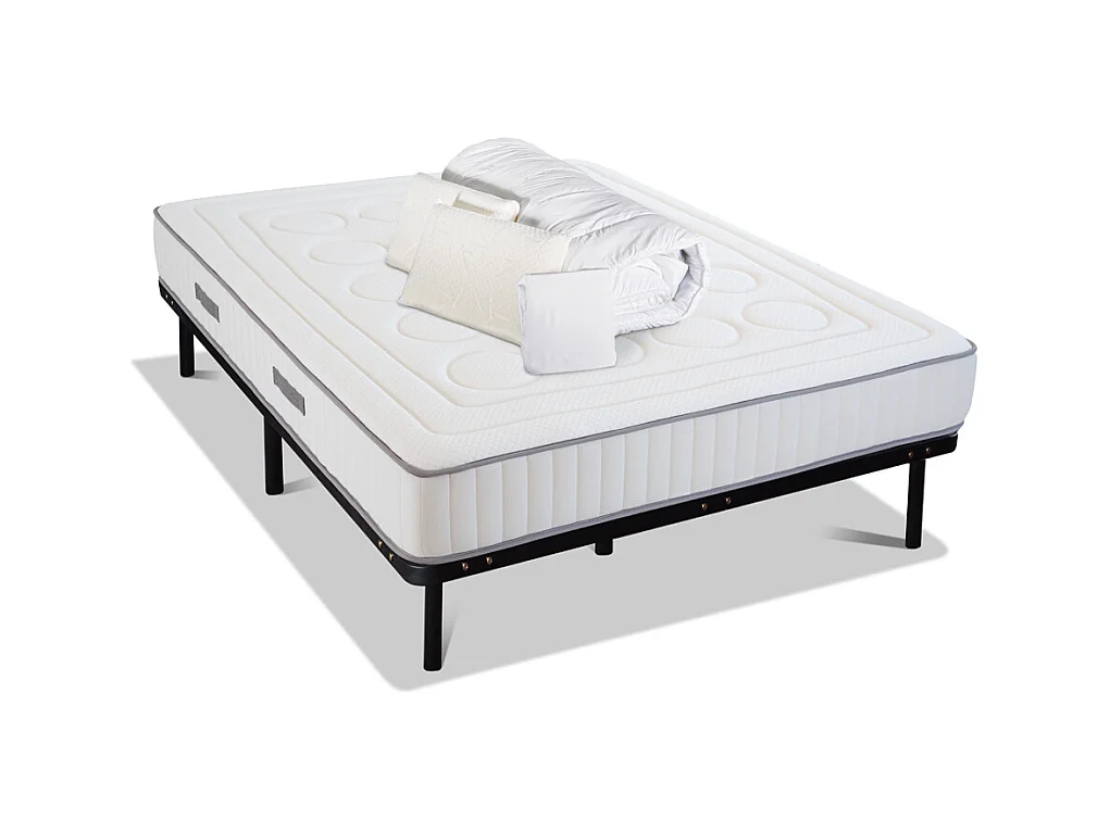 OLYMPE LITERIE | Pack Prêt à dormir CRISTAL 140x200 cm | Matelas Mémoire de forme + Sommier Métal + Accessoires