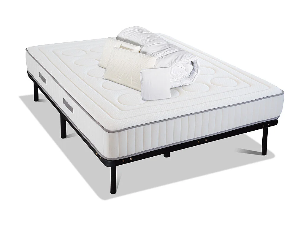 OLYMPE LITERIE | Pack Prêt à dormir CRISTAL 140x200 cm | Matelas Mémoire de forme + Sommier Métal + Accessoires