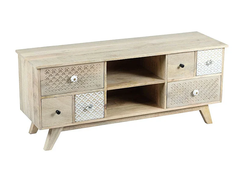 TROMSO - Meuble TV 6 Tiroirs en Manguier Massif Clair