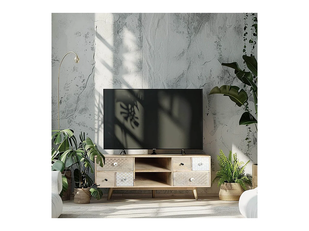 TROMSO - Meuble TV 6 Tiroirs en Manguier Massif Clair