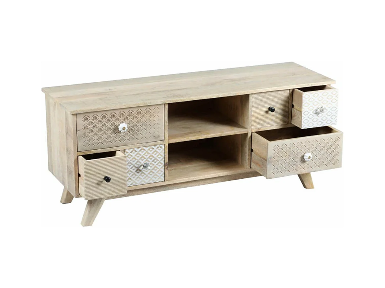 TROMSO - Meuble TV 6 Tiroirs en Manguier Massif Clair