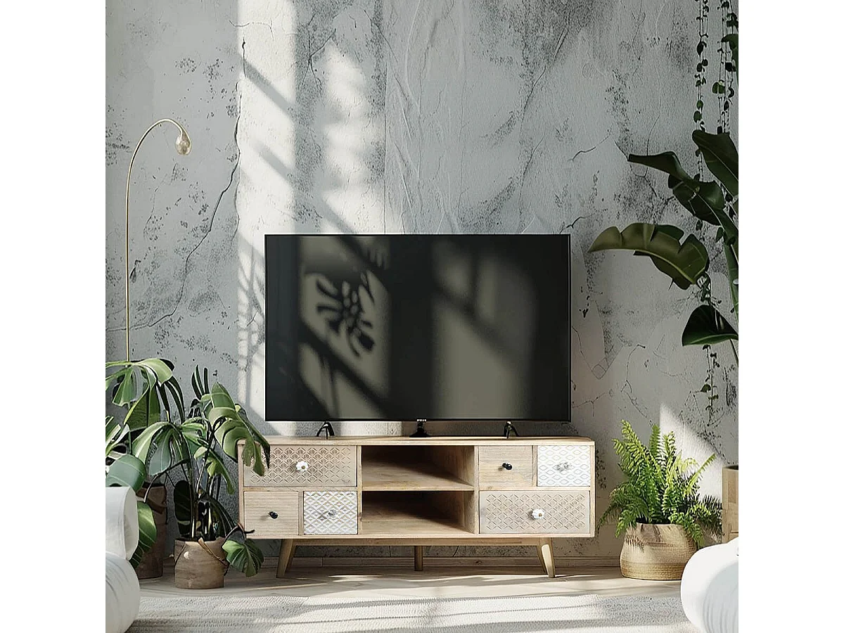TROMSO - Meuble TV 6 Tiroirs en Manguier Massif Clair
