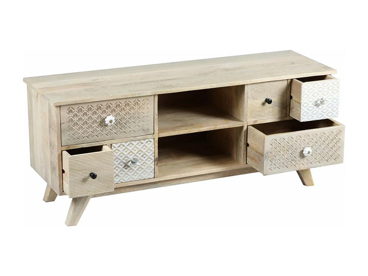 TROMSO - Meuble TV 6 Tiroirs en Manguier Massif Clair