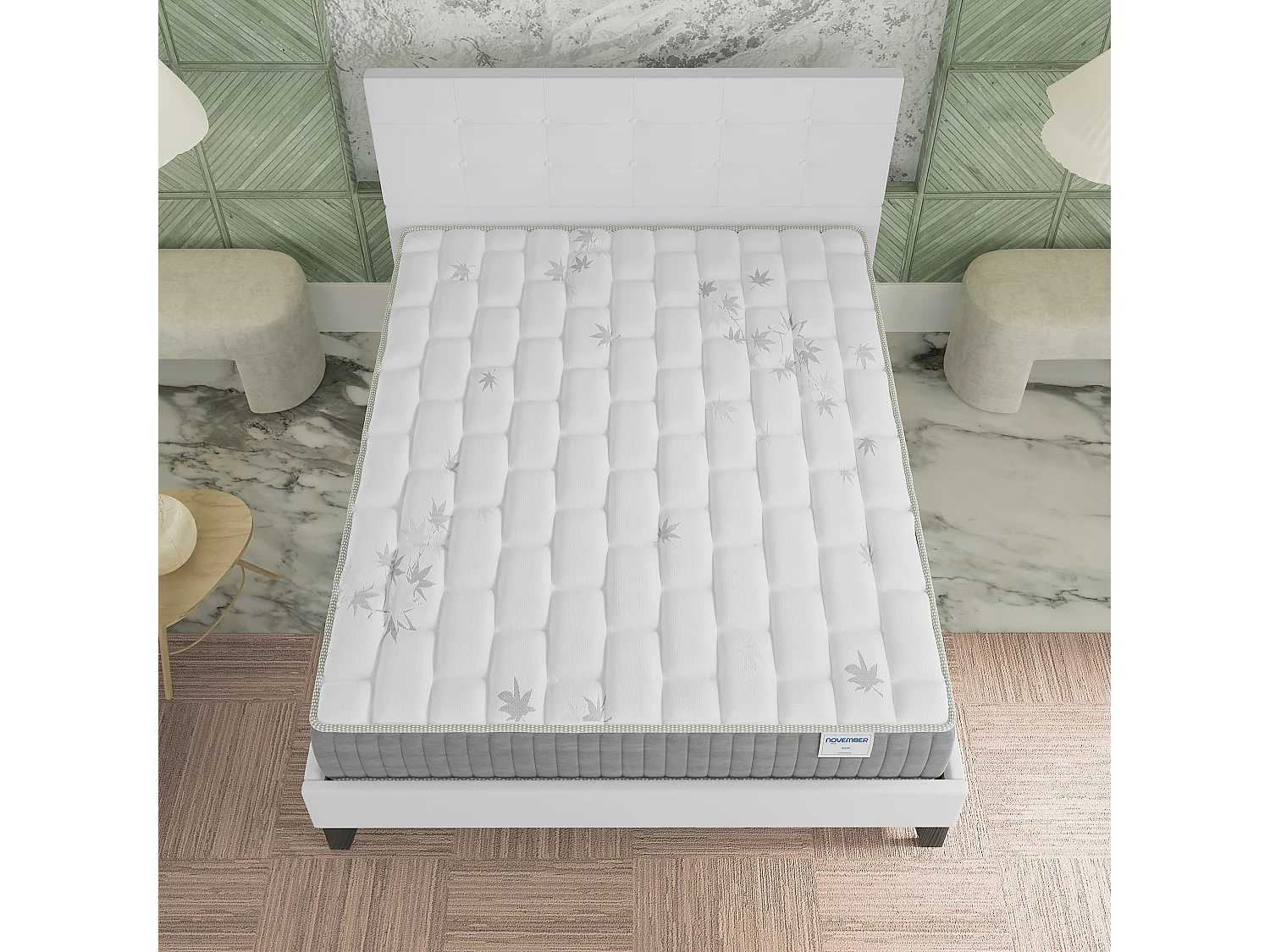 Ensemble 120x190 cm, lit avec tête de lit + matelas ressorts ensachés, ép. 25cm à mémoire de forme