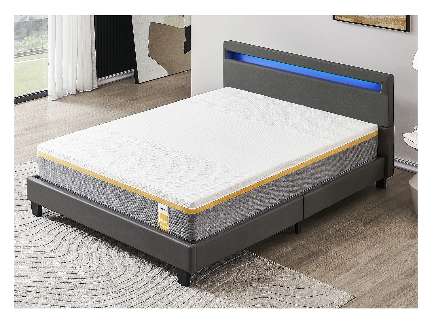 Ensemble Matelas Mousse + Lit Avec Tête De Lit 140x190cm Epaisseur 28cm Ferme Accueil Latex Naturel