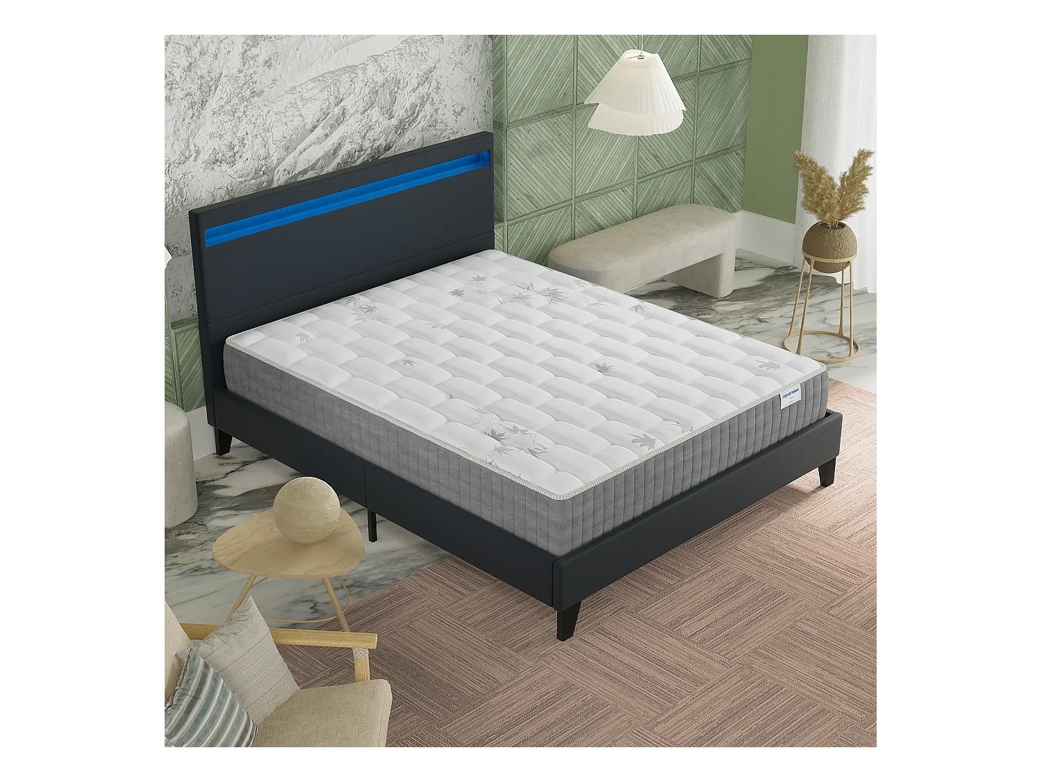 Ensemble Matelas + lit 140x190 cm, Matelas 25cm ressorts ensachées + mémoire de forme, lit à tête de lit LED similicuir noir
