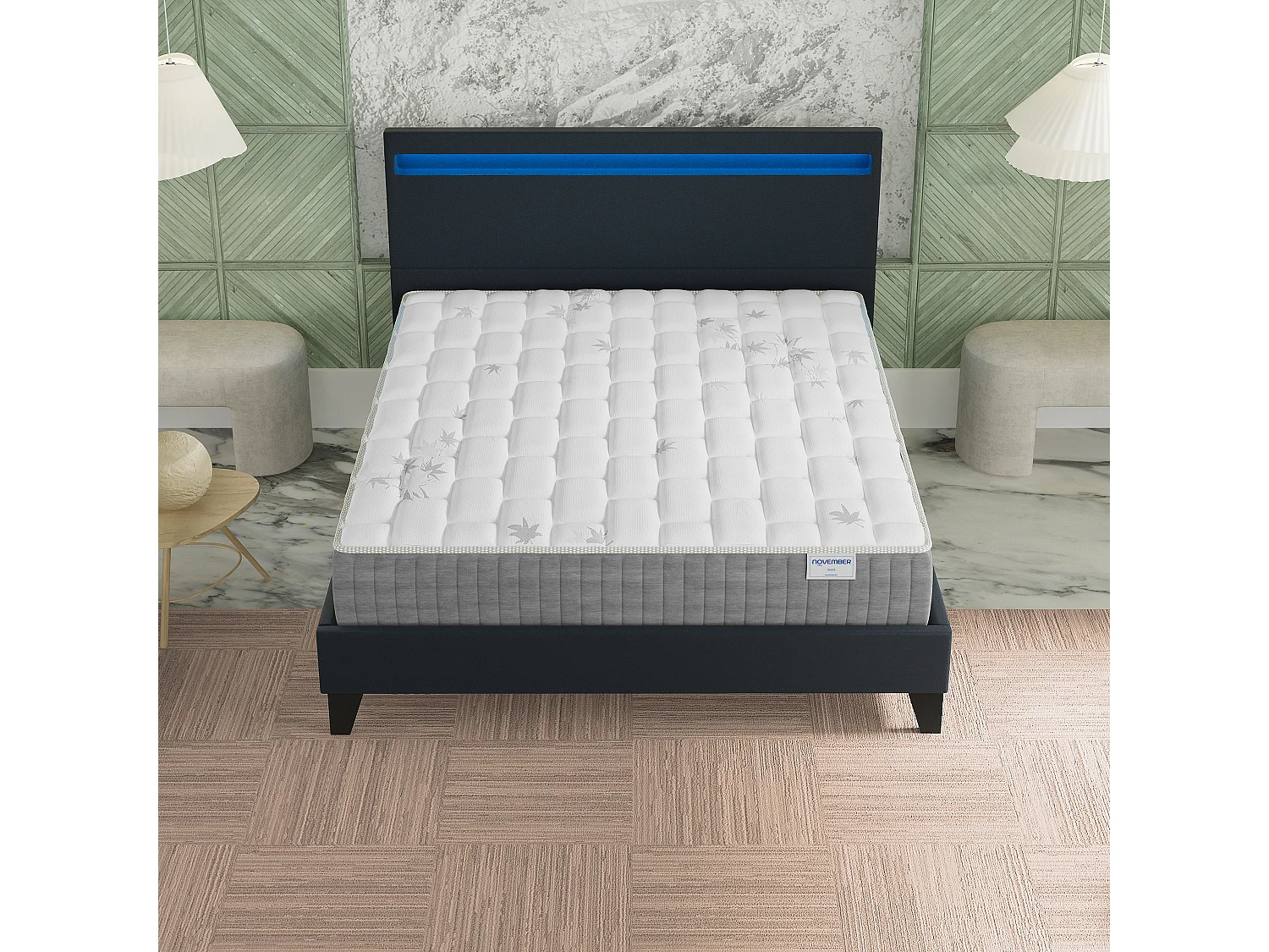 Ensemble Matelas + lit 140x190 cm, Matelas 25cm ressorts ensachées + mémoire de forme, lit à tête de lit LED similicuir noir