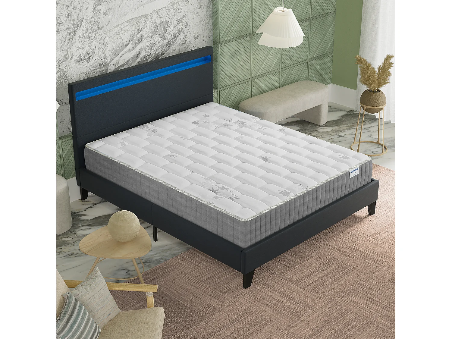 Ensemble Matelas + lit 140x190 cm, Matelas 25cm ressorts ensachées + mémoire de forme, lit à tête de lit LED similicuir noir