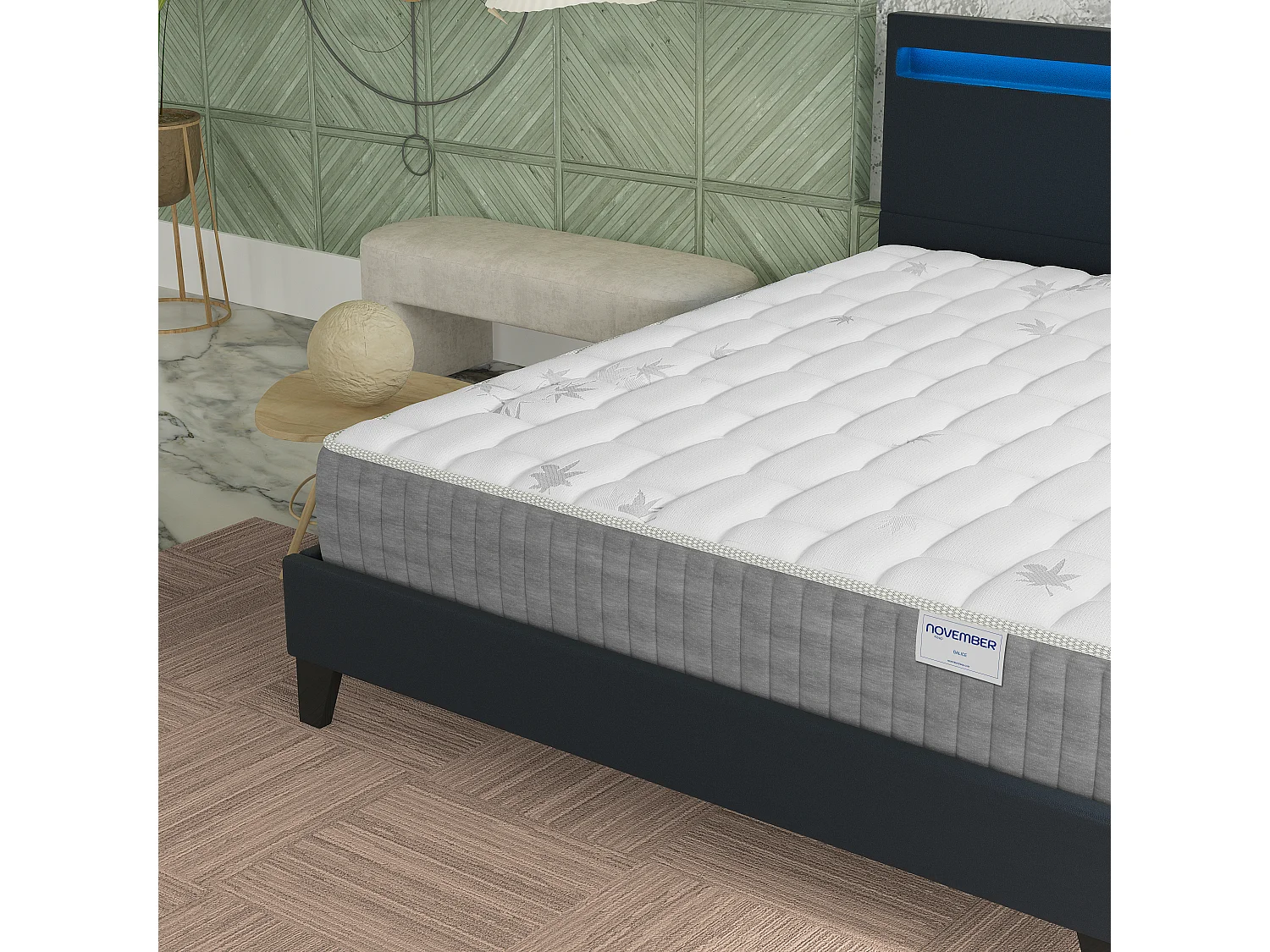 Ensemble Matelas + lit 140x190 cm, Matelas 25cm ressorts ensachées + mémoire de forme, lit à tête de lit LED similicuir noir