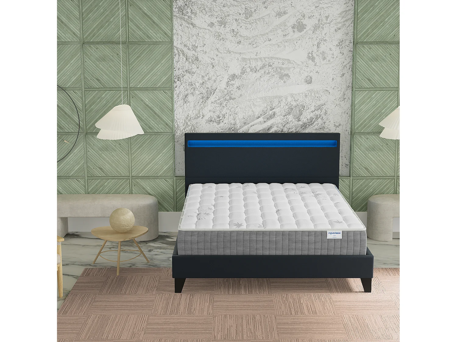 Ensemble Matelas + lit 140x190 cm, Matelas 25cm ressorts ensachées + mémoire de forme, lit à tête de lit LED similicuir noir
